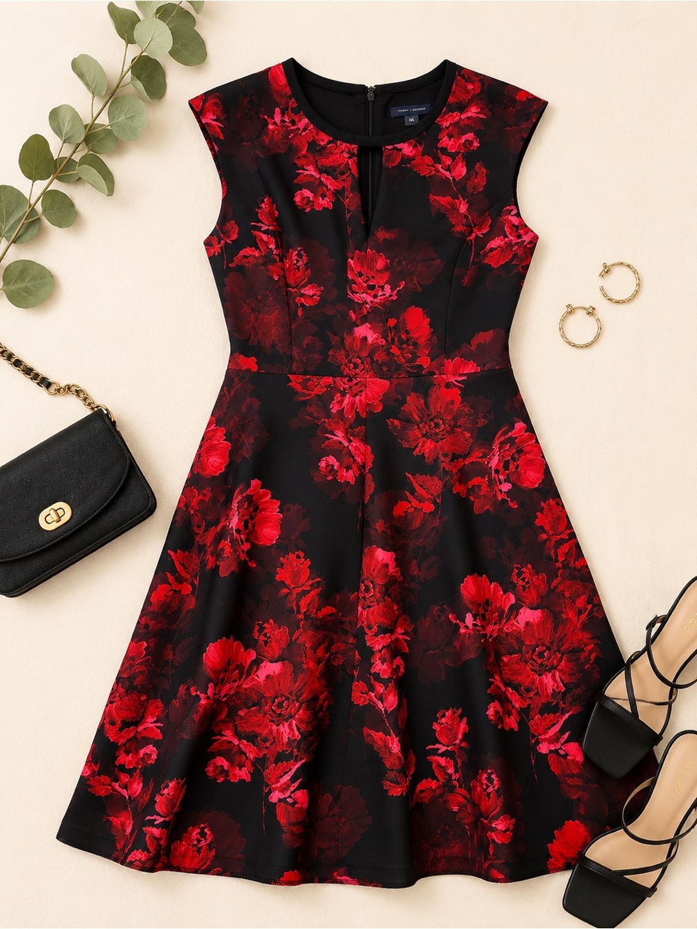 Tommy Hilfiger Floral Fit & Flare Dress Size 10 Black Red Keyhole Midi
